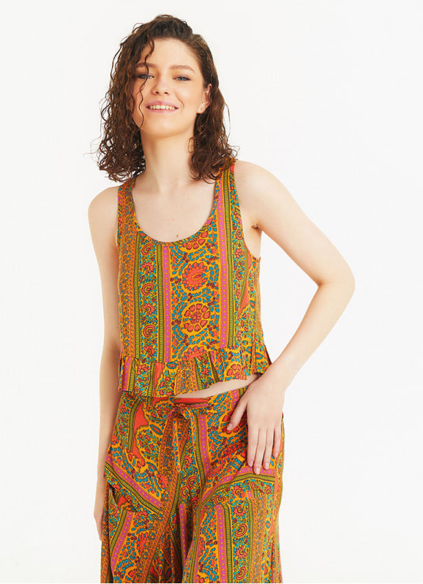 Orange Printed Loose Fit Wide Strap Crop Top