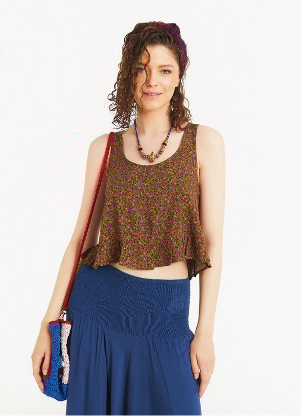 Strapless U Neck Green Floral Blouse
