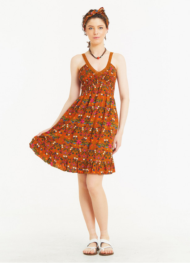 Strappy Frill Hem Laced Yellow Flowered Sundress