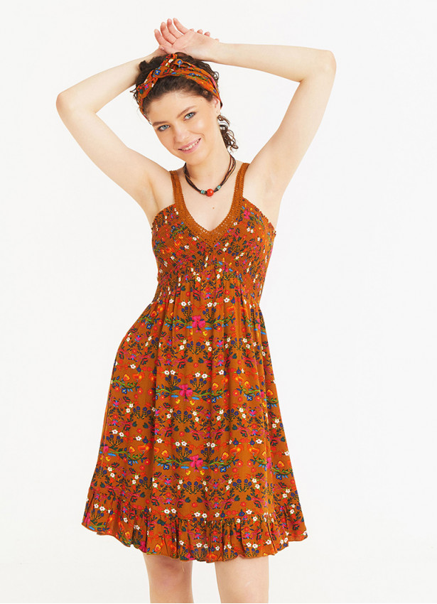 Strappy Frill Hem Laced Yellow Flowered Sundress