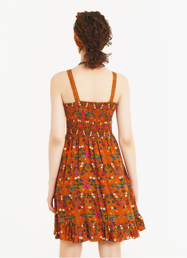 Strappy Frill Hem Laced Yellow Flowered Sundress