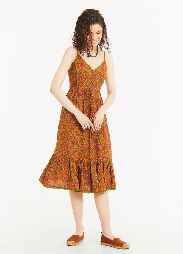 Criss Cross Front Detail Strappy Green Floral Laced Dress