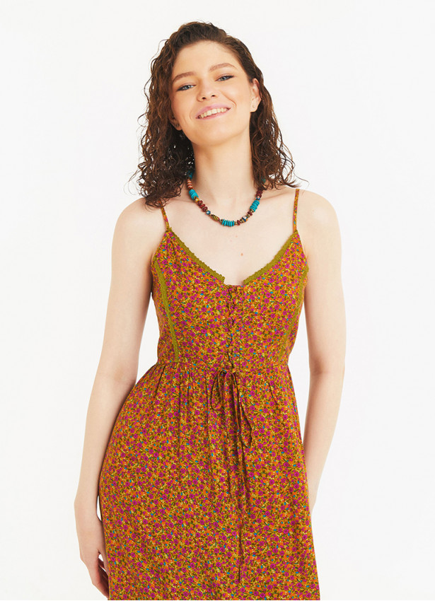 Criss Cross Front Detail Strappy Green Floral Laced Dress