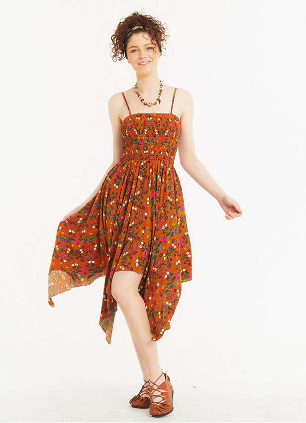 Mustard Floral Square Neck Hanky Hem Sundress
