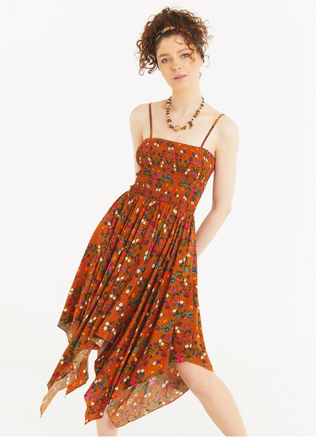 Mustard Floral Square Neck Hanky Hem Sundress