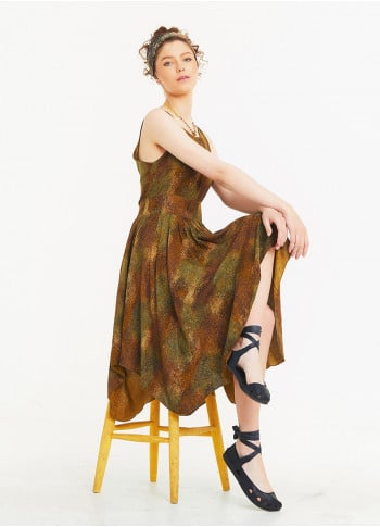 Asymmetrical Skirt Detail Khaki Print Dress