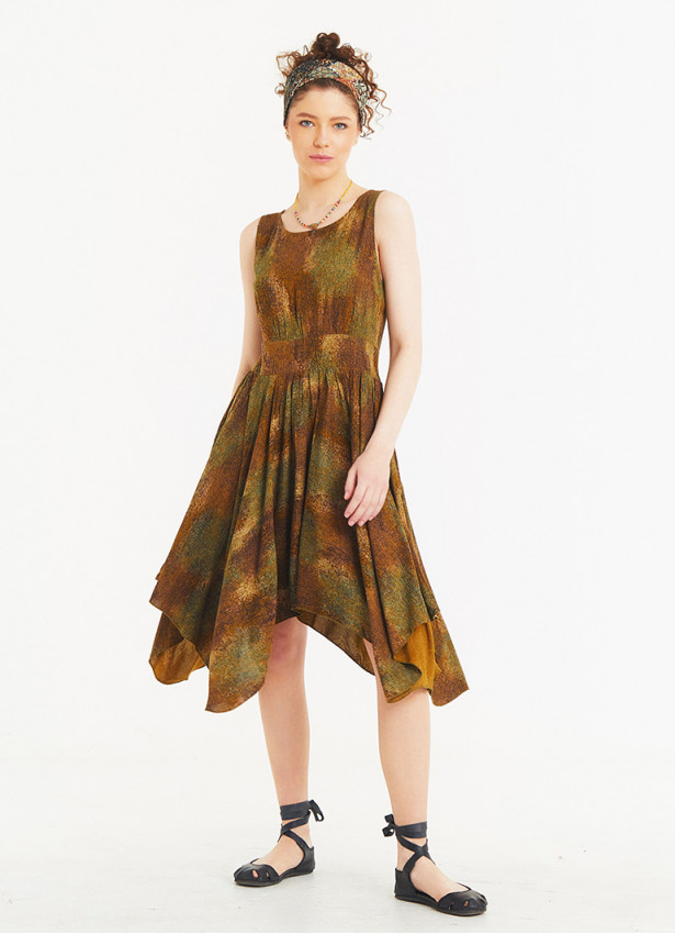 Asymmetrical Skirt Detail Khaki Print Dress