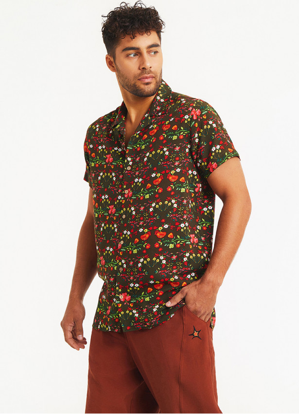 Boho Style Green Floral Print Mens Shirt