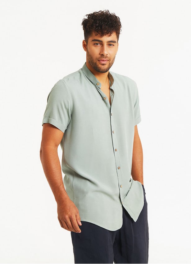 Half Sleeve Button Down Mandarin Collar Mens Shirt