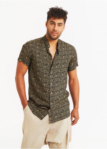 Ethnic Print Adjustable Sleeve Length Mandarin Collar Mens Shirt