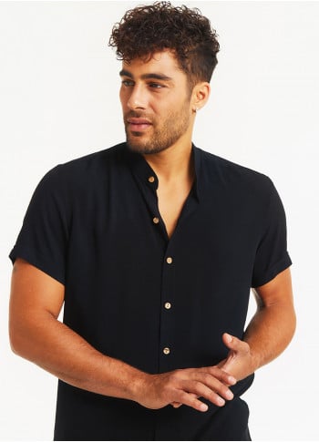 Half-Sleeve Mandarin Collar Boho Style  Black Men's Shirt