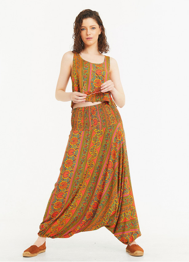 Mustard Print Wide Shirred Waist Boho Style Harem Pants