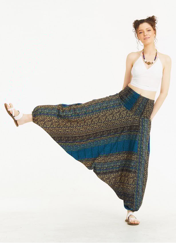 Patch Print Wide Shirred Waist Boho Style Harem Pants