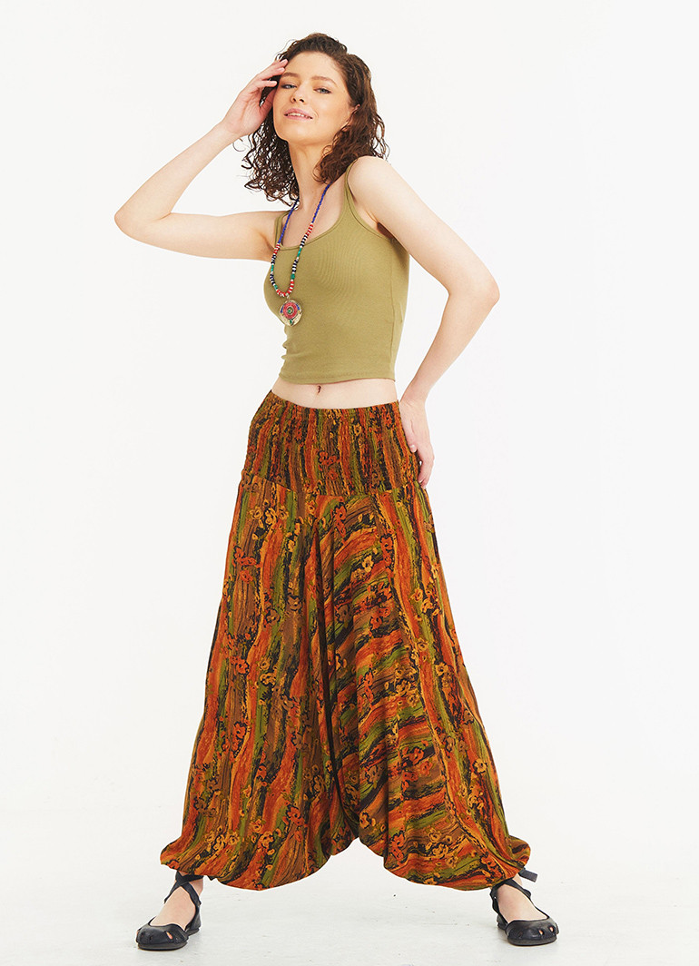 Mustard Print Wide Waistband Harem Pants