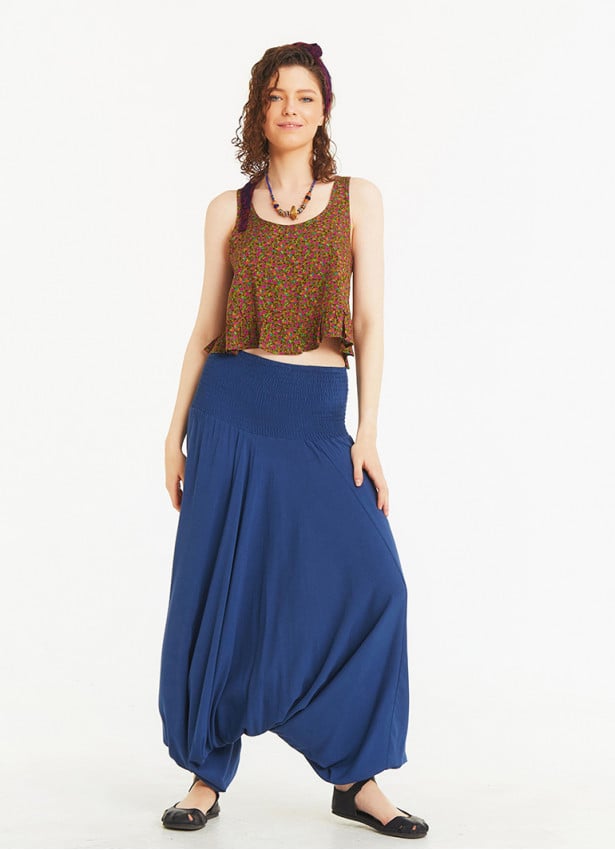 Boho Style Elastic Hem Shirred Waist Flowy Summer Harem Pants