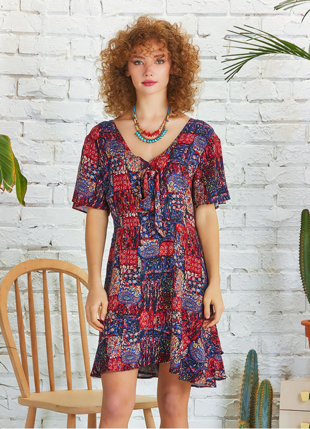 Frill Hem Red Print Tie Front Cut Out Mini Dress