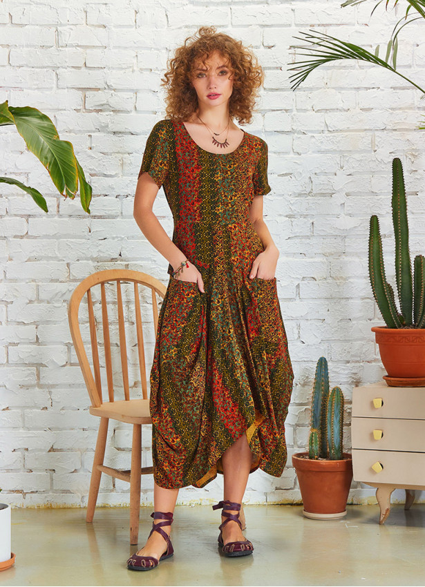 Asymetrical Hem Half Sleeve Long Mustard Pattern Dress