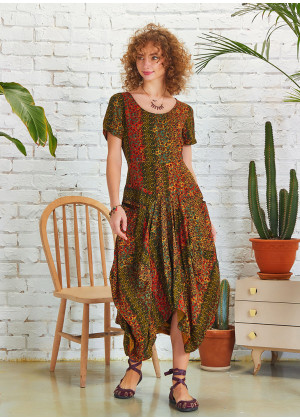 Asymetrical Hem Half Sleeve Long Mustard Pattern Dress