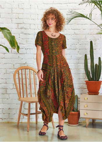 Asymetrical Hem Half Sleeve Long Mustard Pattern Dress