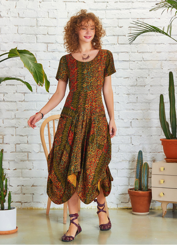 Asymetrical Hem Half Sleeve Long Mustard Pattern Dress