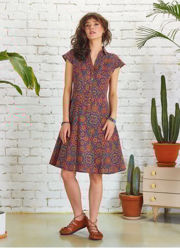 Shirt Collar Knee Length Short Sleeve Retro Print Dress