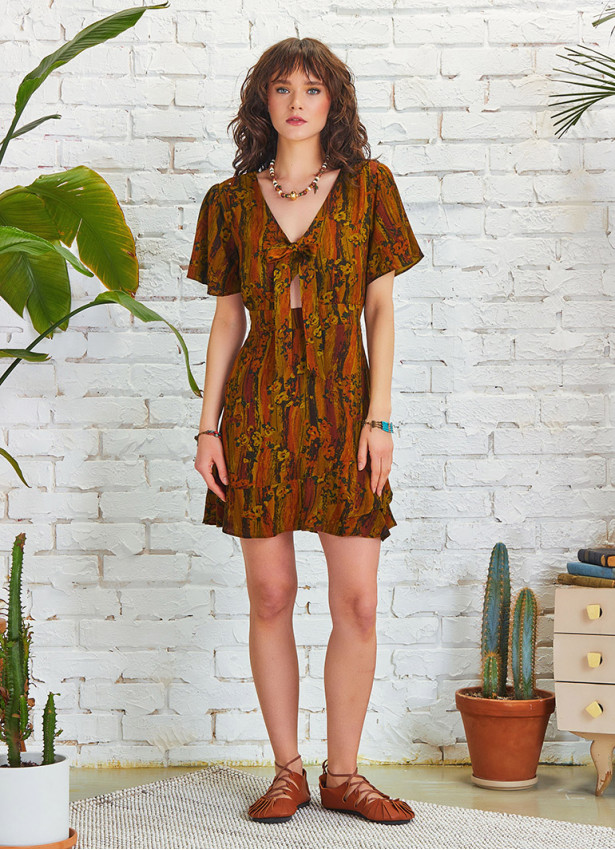 Frill Hem Khaki Print Tie Front Cut Out Mini Dress