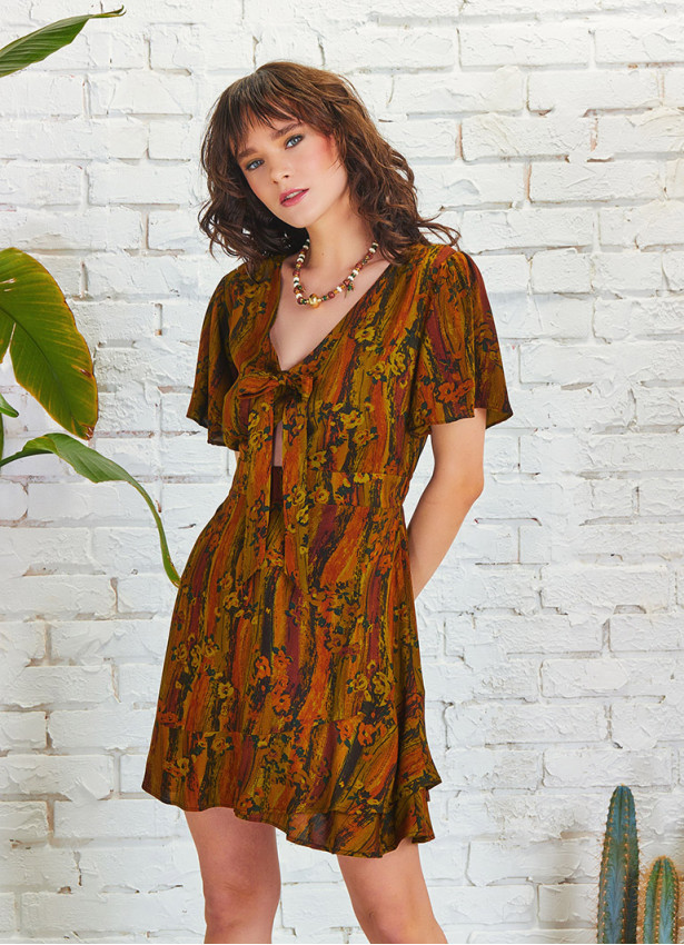 Frill Hem Khaki Print Tie Front Cut Out Mini Dress