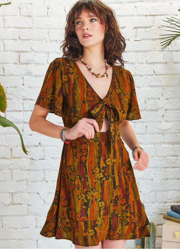 Frill Hem Khaki Print Tie Front Cut Out Mini Dress