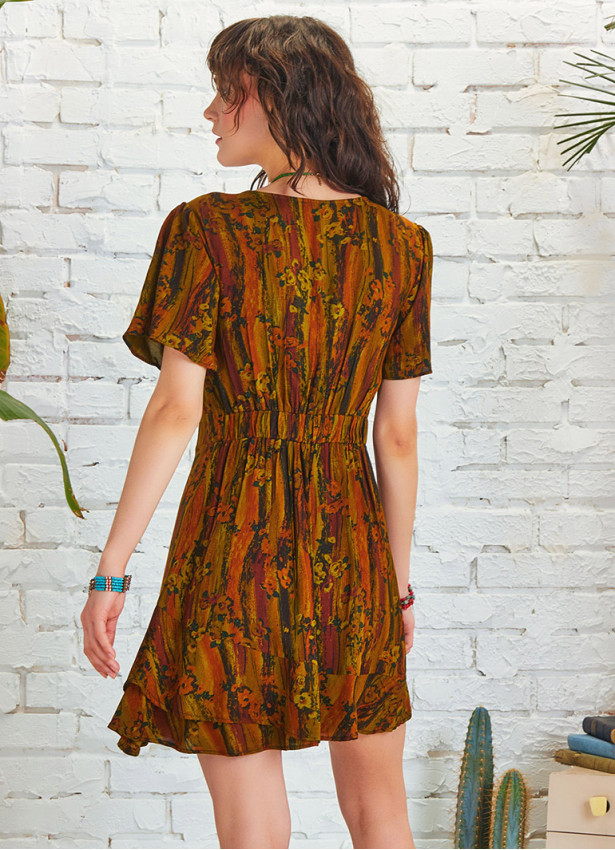 Frill Hem Khaki Print Tie Front Cut Out Mini Dress
