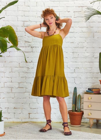 Strappy Square Neck Boho Style Tiered Green Dress