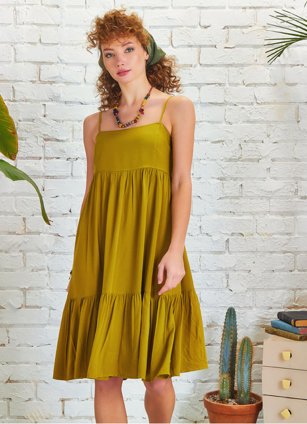 Strappy Square Neck Boho Style Tiered Green Dress