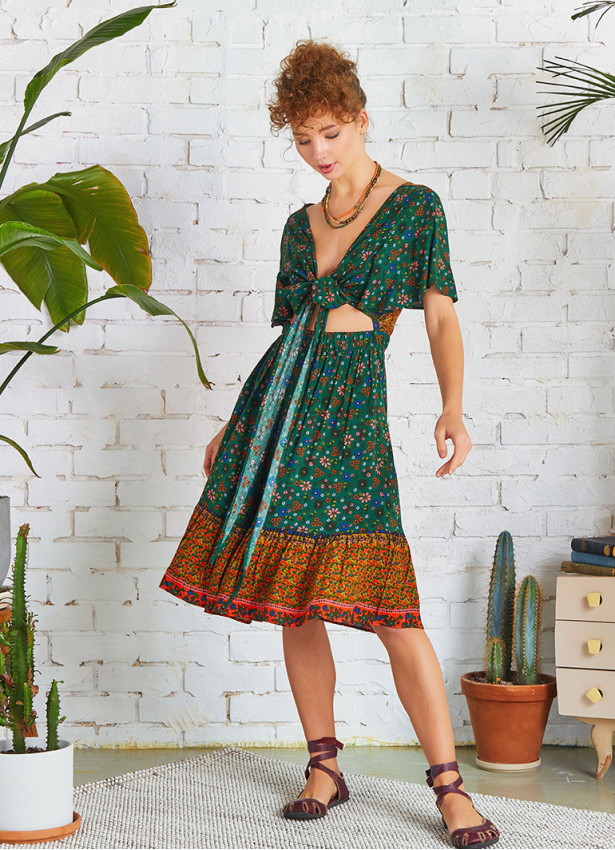 Border Hem Detail Tie Front Green Floral Summer Dress