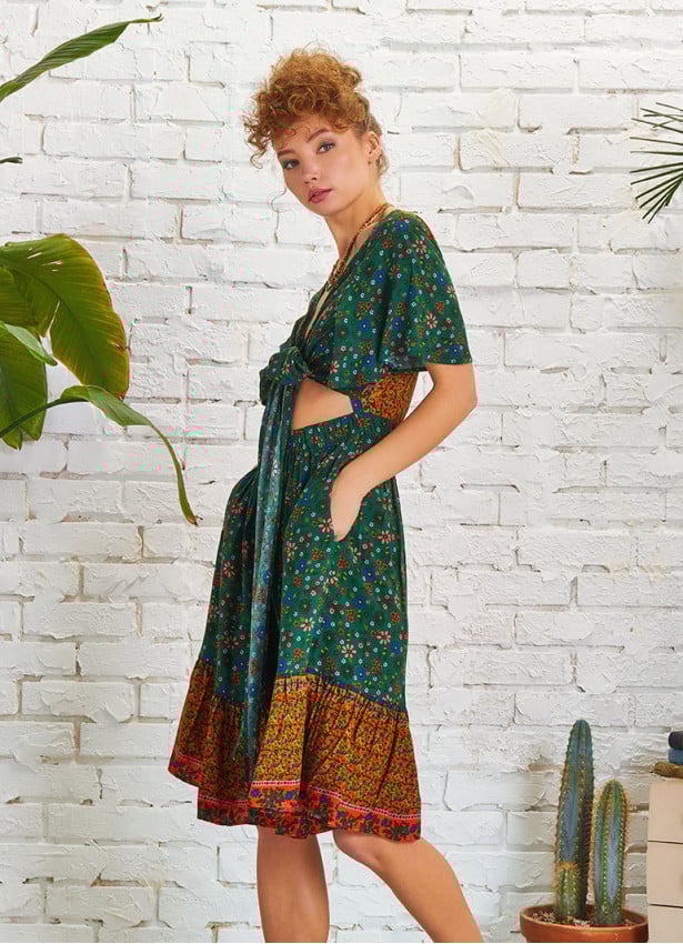 Border Hem Detail Tie Front Green Floral Summer Dress
