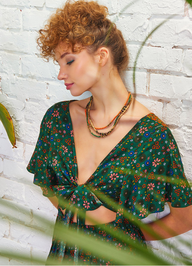 Border Hem Detail Tie Front Green Floral Summer Dress
