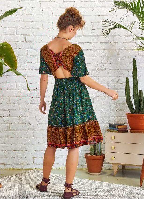 Border Hem Detail Tie Front Green Floral Summer Dress