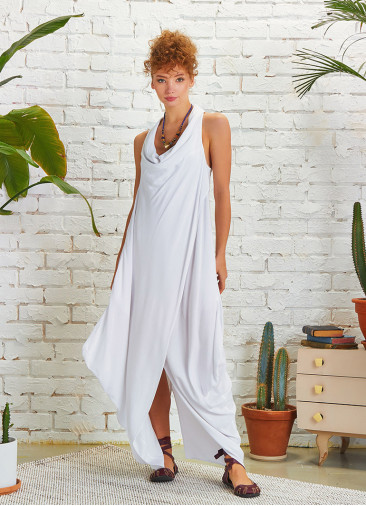 Boho Style Loose  Cowl Neck White Dress
