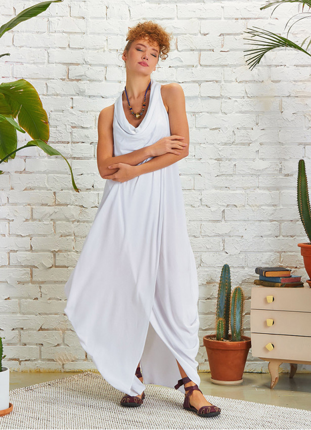 Boho Style Loose  Cowl Neck White Dress