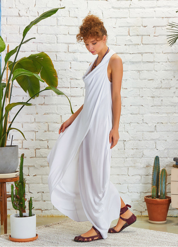 Boho Style Loose  Cowl Neck White Dress