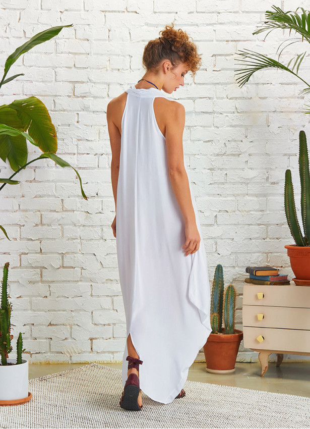 Boho Style Loose  Cowl Neck White Dress