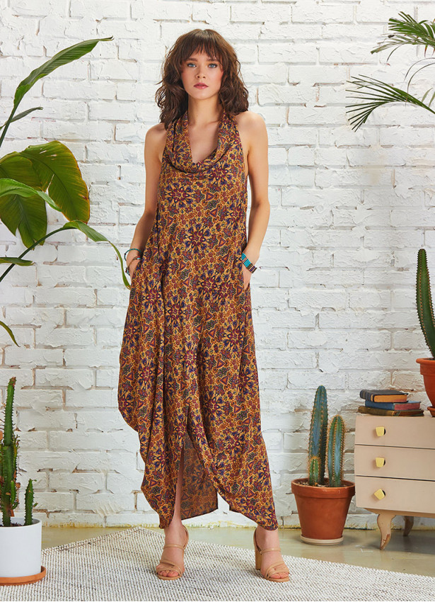 Wrap Front Cowl Neck Long Boho Dress