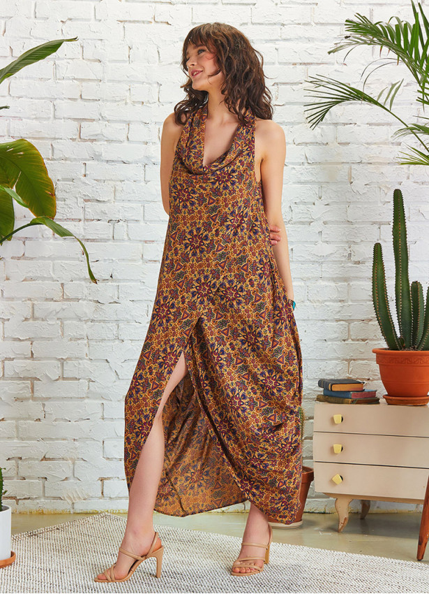 Wrap Front Cowl Neck Long Boho Dress