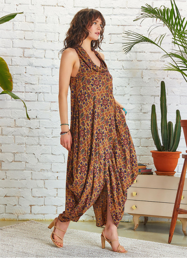 Wrap Front Cowl Neck Long Boho Dress