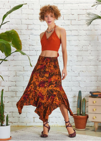 Shirred Waist Gypsy Style Ruffled Midi Skirt