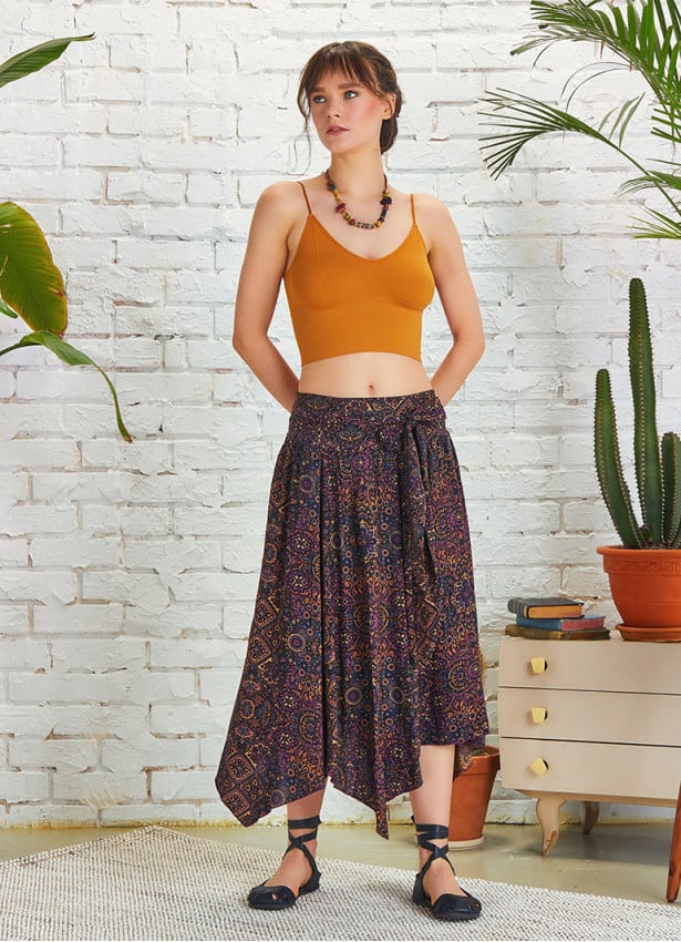 Purple Patterned Asymmetrical Hem Flowy Midi Skirt