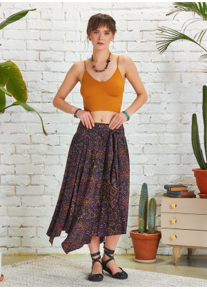 Purple Patterned Asymmetrical Hem Flowy Midi Skirt