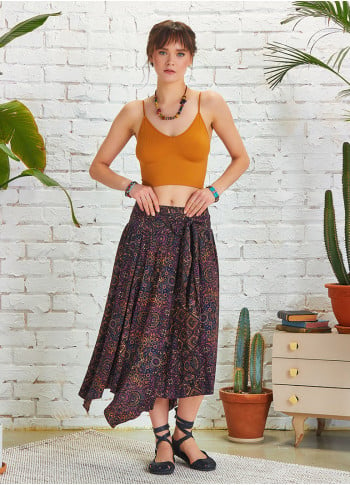 Purple Patterned Asymmetrical Hem Flowy Midi Skirt