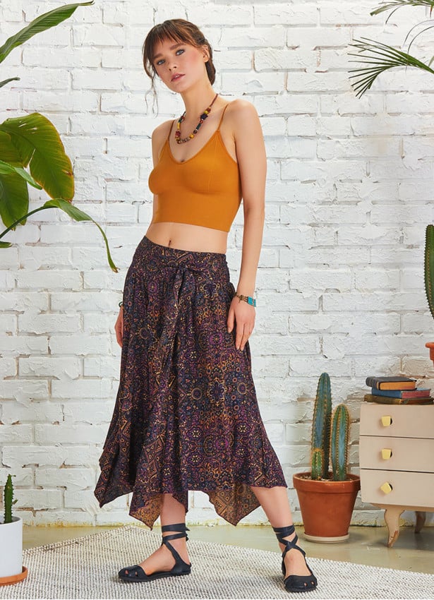 Purple Patterned Asymmetrical Hem Flowy Midi Skirt