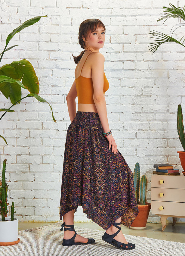 Purple Patterned Asymmetrical Hem Flowy Midi Skirt