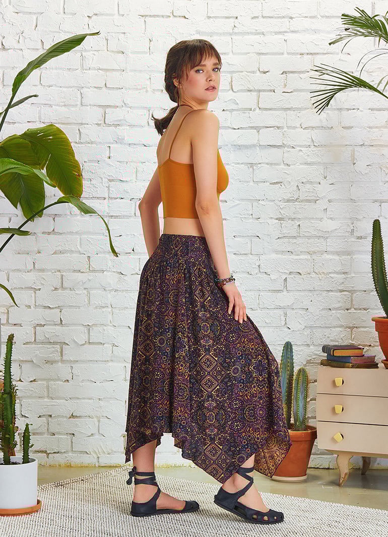 Purple Print Asymmetrical Flowy Skirt Wholesale Boho Clothing
