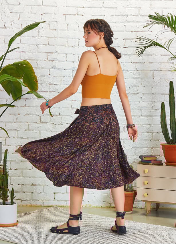 Purple Patterned Asymmetrical Hem Flowy Midi Skirt